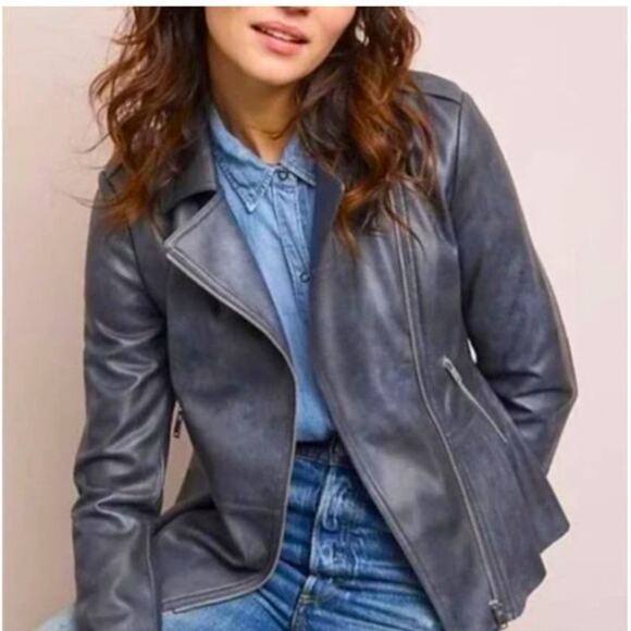 Anthropologie Vegan Leather Jacket Peplum Asymmetrical Moto Gray Size S - Picture 1 of 14